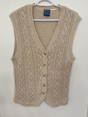 Jantzen Neutral Beige with wood beads Openwork Knit Button Vest